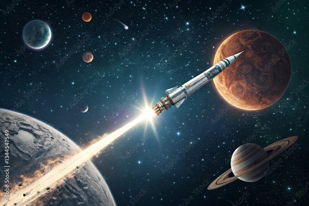 Naklejka premium Ambition takes flight with a rocket soaring through space, leaving behind a vibrant trail amid planets and stars
