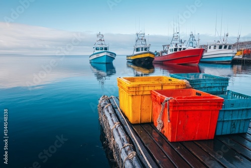 Vibrant fish market bustling with life at dockside as fishermen trade fresh catches in the early morning light Generative AI