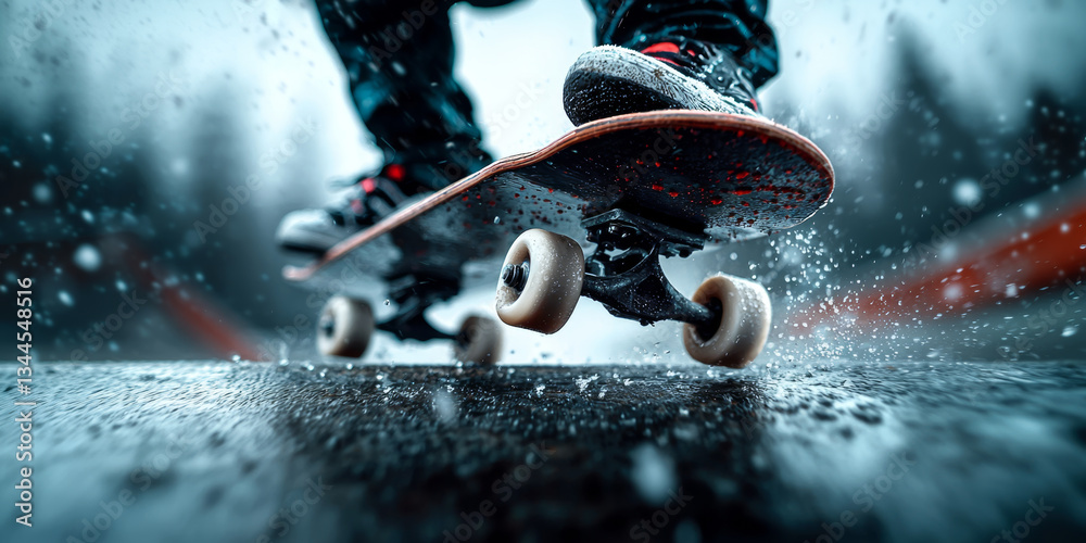 Naklejka premium Skateboarder performing jump in rain with dramatic splash