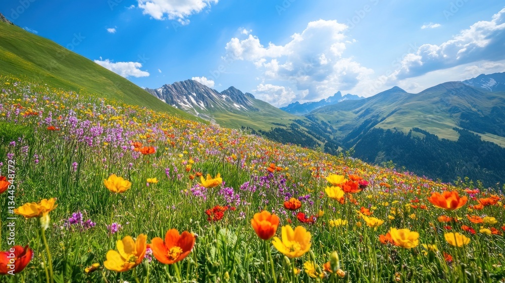 Vibrant wildflower meadow cascading across alpine slopes with majestic peaks Vibrant wildflower meadow cascading across alpine slopes with majestic peaks