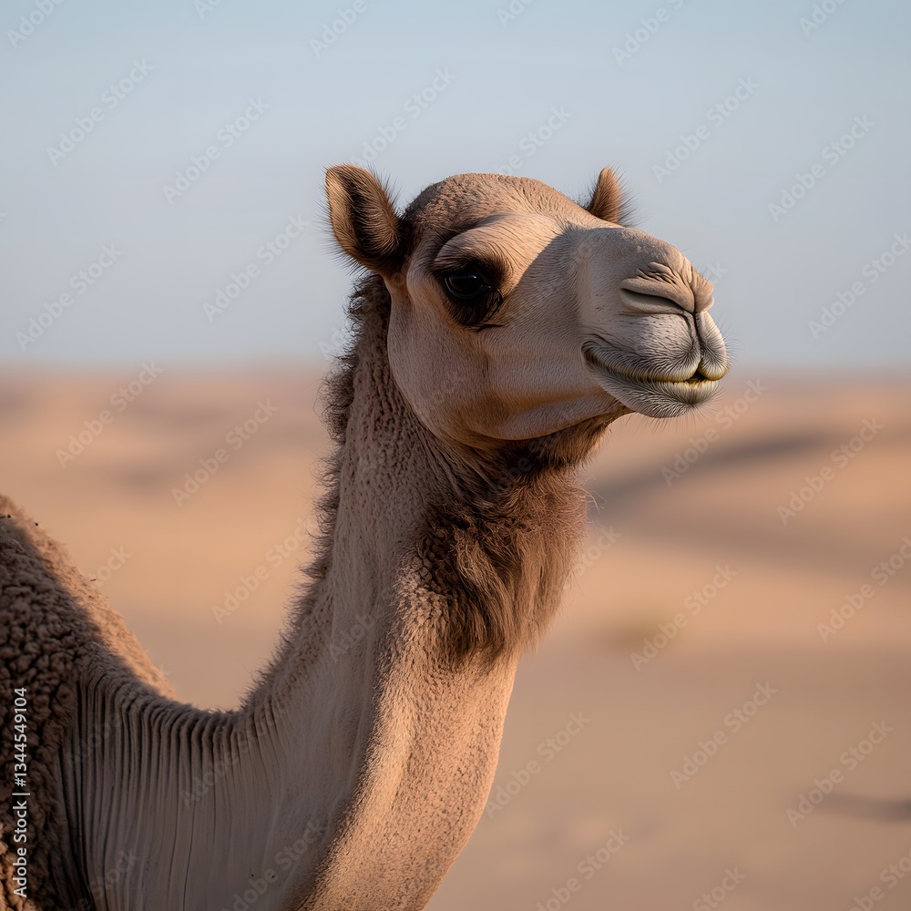 Obraz premium Desert camel portrait, dunes background, travel, tourism
