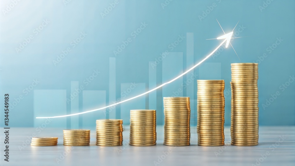 Golden Coins Increasing in Value on a Soft Focus Background Golden Coins Increasing in Value on a Soft Focus Background