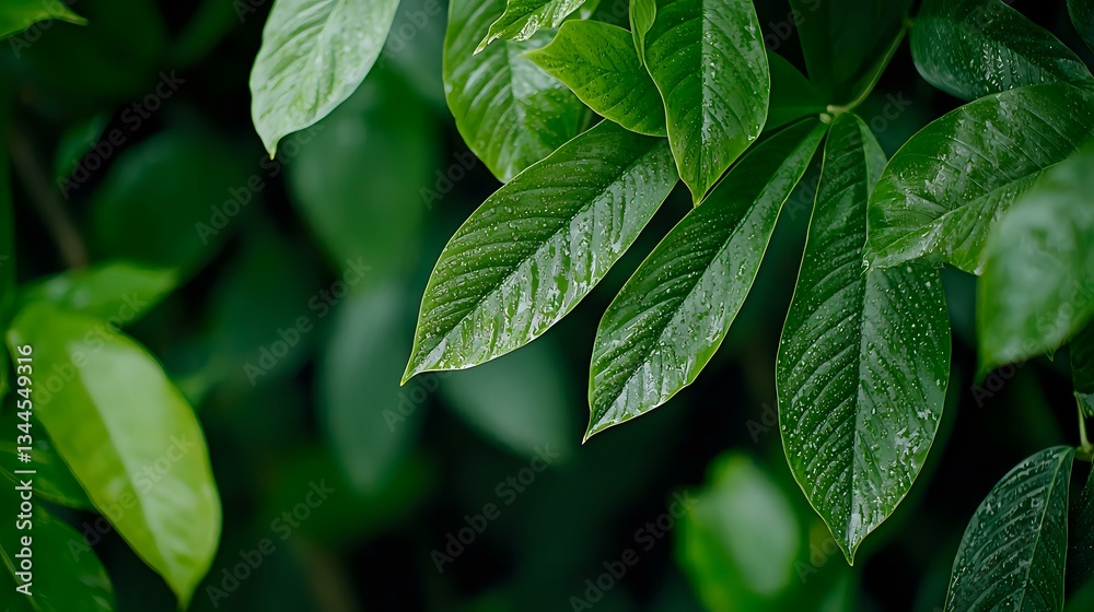 Fresh green leaves with water drops in natural light, showing detailed leaf veins and texture against dark background. Macro nature photography for environmental themes. Fresh green leaves with water drops in natural light, showing detailed leaf veins and texture against dark background. Macro nature photography for environmental themes.