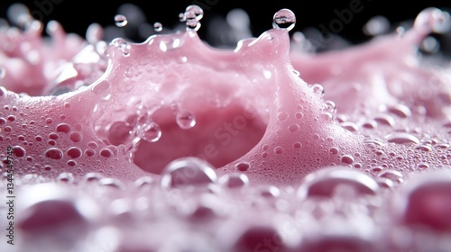 Vibrant pink beverage splash, close-up view of frothy texture.  Bubbles and droplets create a dynamic visual
