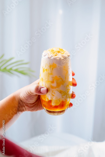 Fruit sundae on a simple background