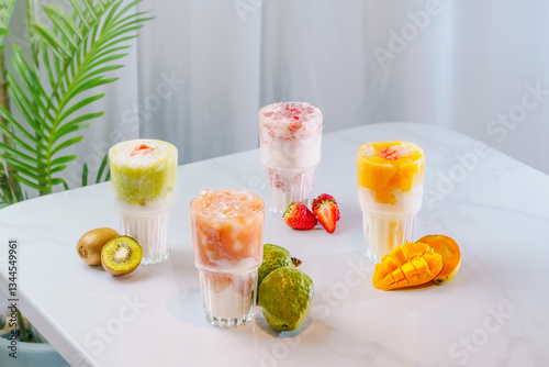 Fruit sundae on a simple background