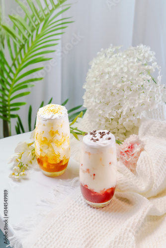Fruit sundae on a simple background