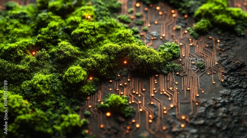 Luminous Green Moss Overlaying Copper Circuit Board