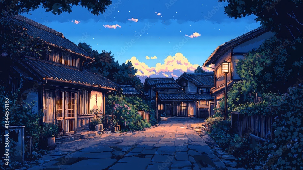 Fototapeta premium Tranquil village street at dusk, serene scenery