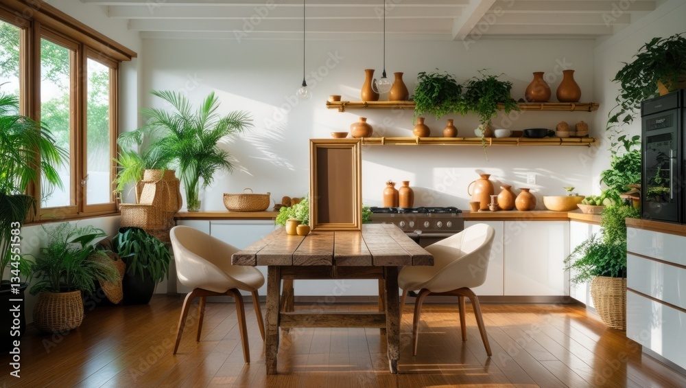 Sunlit, modern kitchen-dining area with wooden table and plants Sunlit, modern kitchen-dining area with wooden table and plants