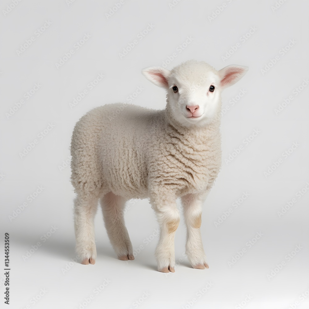 Fototapeta premium Fluffy lamb stands studio backdrop, spring, agriculture