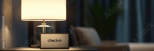 a hotel check-in desk with a golden bell and a wooden block sign that reads 