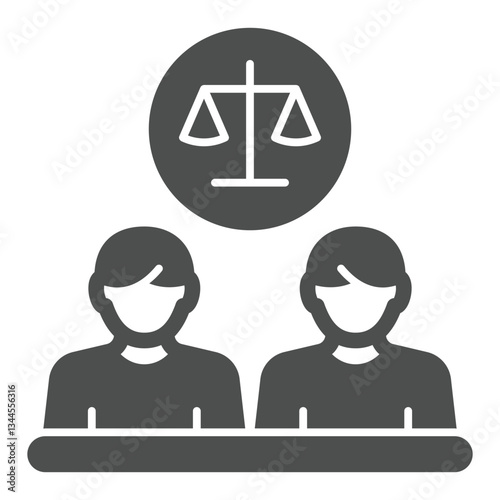 Opponents men at dialog table with scales solid icon, justice concept. Vector graphics. Two human, man and weight scales sign on white background, glyph style icon for mobile or web design.