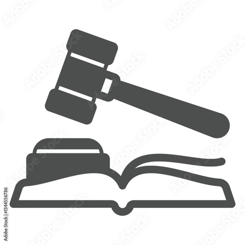 Judge hammer with book solid icon, jurisprudence concept. Vector graphics. Judgement wooden tool sign on white background, glyph style icon for mobile or web design.