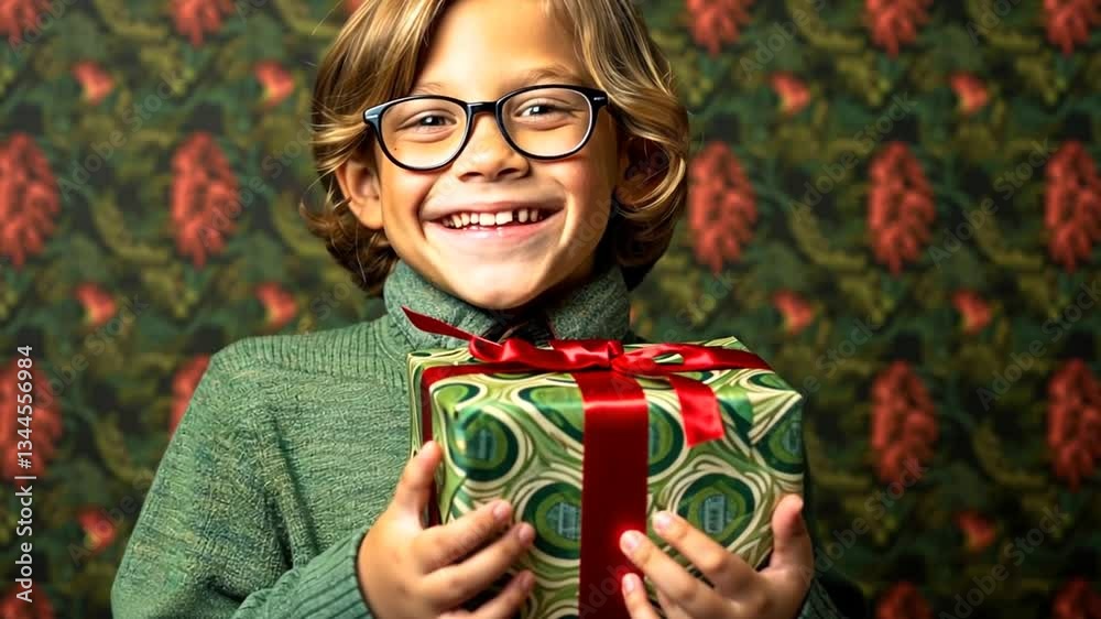 Kind mit Brille hält ein eingepacktes Geschenk vor Weihnachtsdeko