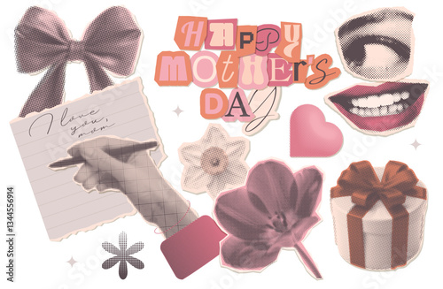 Mothers Day y2k paper vintage collage elements collection. Dotted Halftone torn out hand writing greetings, heart, gift box, mouth and eye. Vector illustration collection.