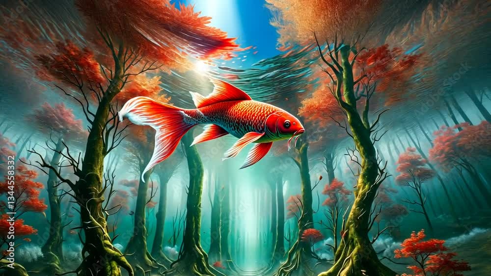 Goldfische schwimmen in einem märchenhaften Gewässer