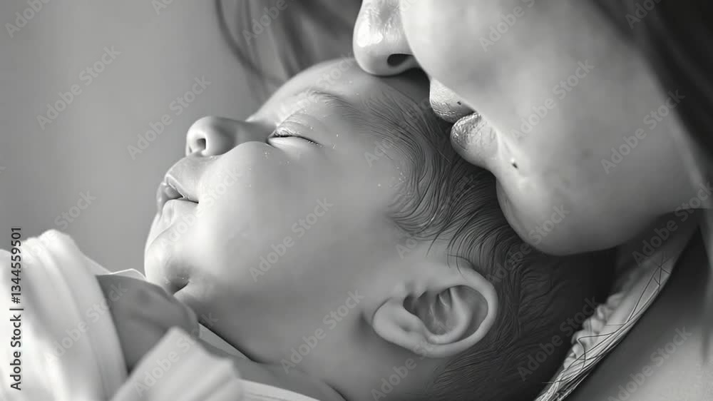 Schwarz-weiß Video einer Mutter die ihr Baby küsst