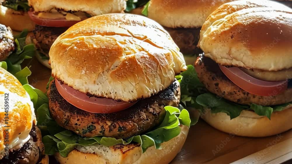 Freshly made veggie burgers with homemade buns, set on a wooden tray. vibe