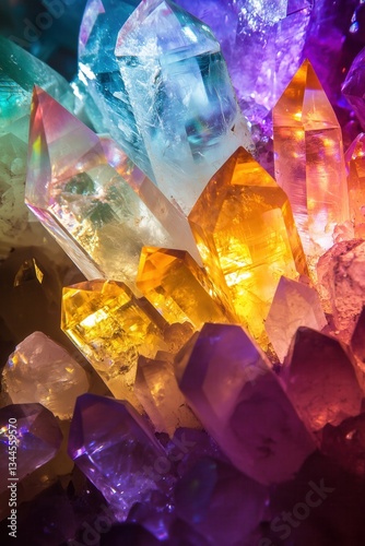 Cluster of colorful crystals exhibiting a mix of purple, orange, and pink hues. Glowing cave filled with crystals that emit soft, colorful light and shimmer like precious gems.