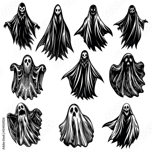 
set of black vector ghosts on white background