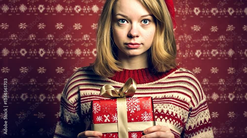 Junge Frau mit Winterpullover hält ein Geschenk