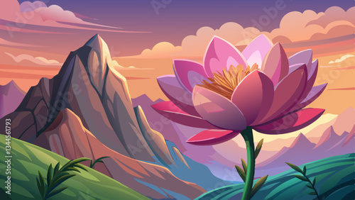 Closeup of a Blooming Flower with Pink Petals against a Blurred Mountain Landscape and Sunset Sky in a Serene and Peaceful Natural Setting This Image Evokes a Sense of Beauty Tranquility