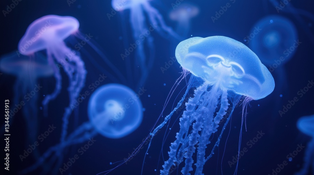 Obraz premium A group of vibrant bioluminescent jellyfish gracefully floating in deep ocean waters, their translucent bodies glowing in shades of blue and purple