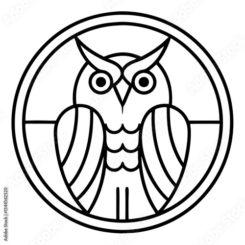 an owl icon or emblem in a circular frame, designed in a simple line art style. The owl looks forward with sharp eyes vector illustration
