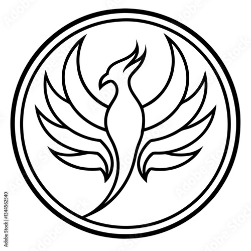 a detailed monochrome outline of a phoenix bird inside of a circle, its wings spread elegantly vector illustration