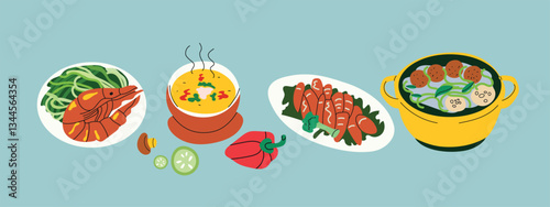 Tasty food set vector illustration. A vibrant collection of various delicious dishes, including soup in a pot, seafood, meat, vegetables, and a hot dish on a plate.
