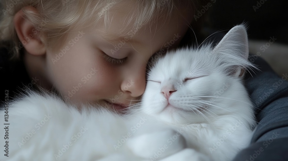 A child and a cat, nestled close, share a peaceful moment. A tender display of affection between a young girl and a white cat, their eyes closed as they rest together A child and a cat, nestled close, share a peaceful moment. A tender display of affection between a young girl and a white cat, their eyes closed as they rest together