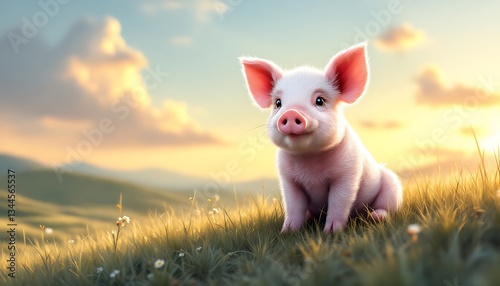 Wallpaper Mural Adorable Piglet in Sunset Meadow Grassland Torontodigital.ca
