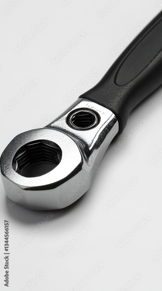 Obraz premium Close-up view of a metallic ratchet wrench with a black handle against a white background