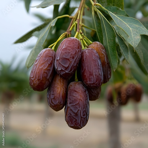 Ripe dates hanging on branch, orchard background, food