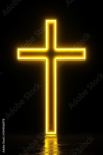 Glowing neon yellow cross on black reflective surface.