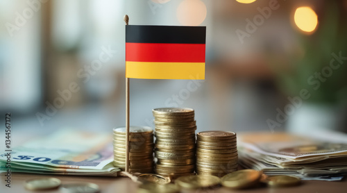 german flag stands amongst stacks of coins symbolizing financial success