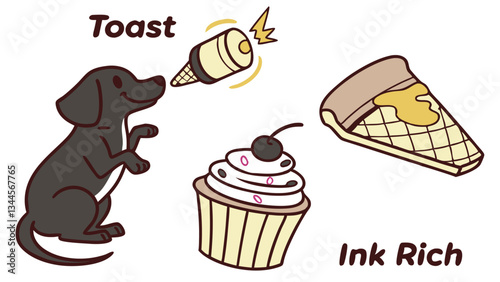 Cute food stickers including toast with chocolate cream and egg, a dog enjoying it, and a cupcake with icing. Minimalistic style.