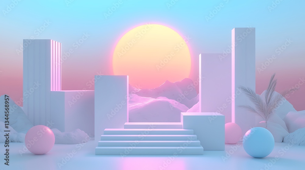 Fototapeta premium Dreamy Platform Display Pastel Scene, Sunset Background. Potential promotion