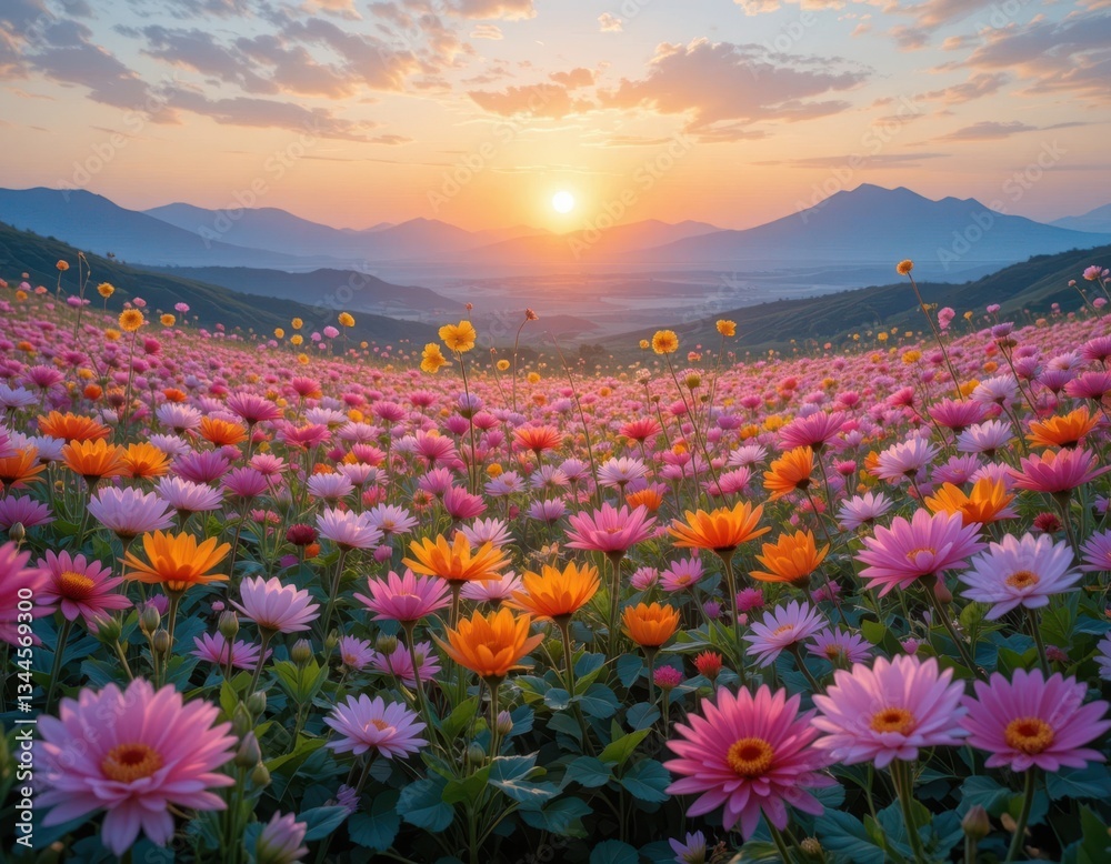 Obraz premium Breathtaking sunset over vibrant flower field mountain view nature photography tranquil landscape