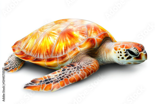 Realistic sea turtle with vibrant orange and brown patterned shell resting on an isolated white background
