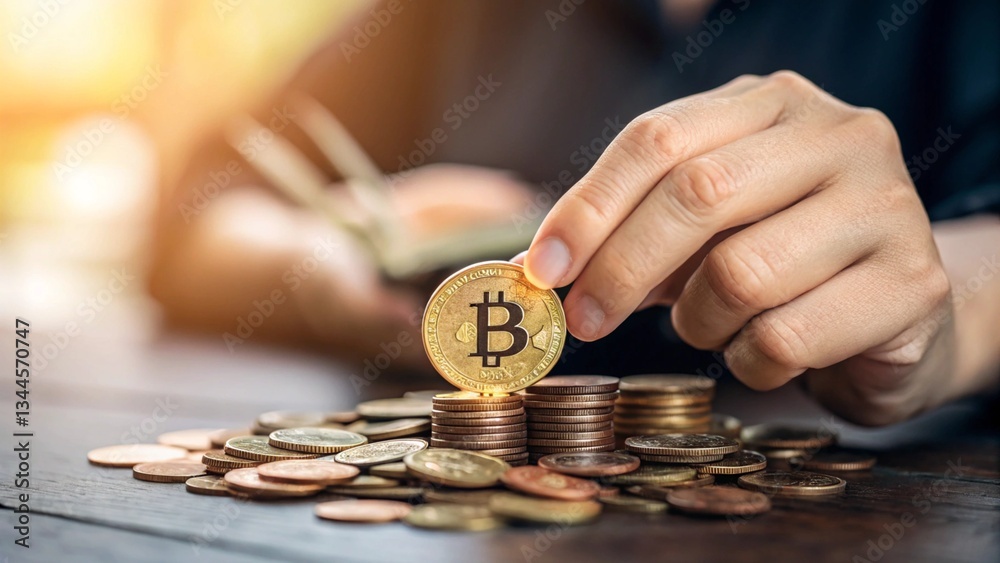Fototapeta premium close-up photograph of a person stacking a Bitcoin coin on top of other coins, symbolizing cryptocurrency investment
