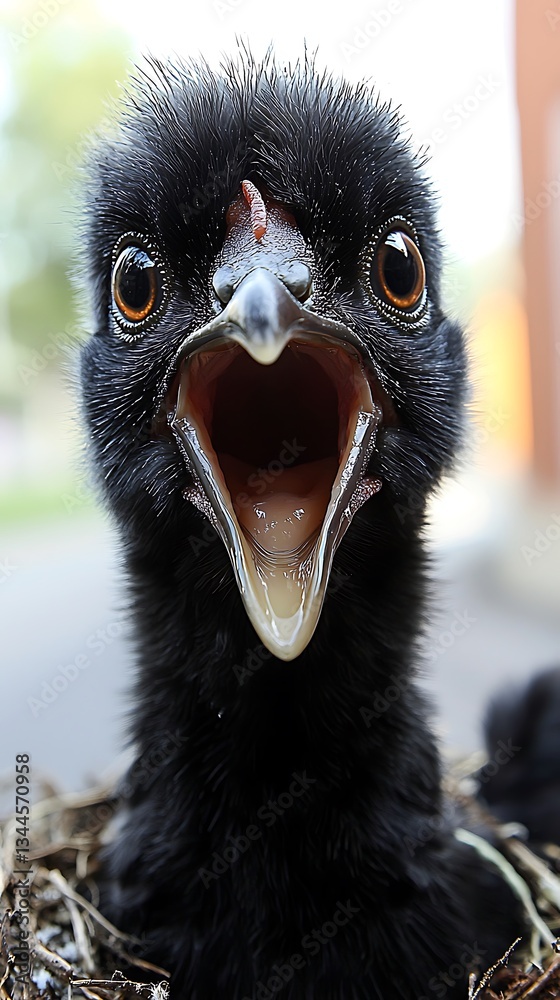Close up portrait of a baby chicken with open beak