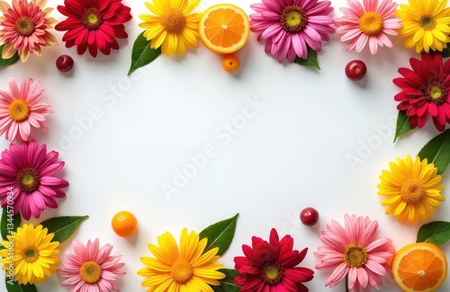 Wallpaper Mural Flat lay composition with flowers, fruits on white background. Colorful daisies, oranges, plums frame blank space. Summer flowers, fresh fruits mockup. Bright floral layout for blogs, cards, social Torontodigital.ca