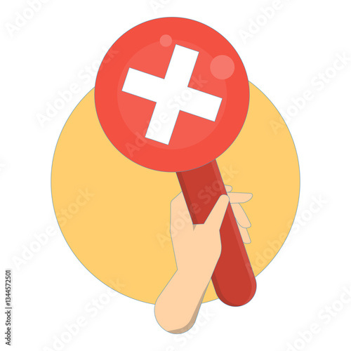 Negative Response Concept. Holding Hands Banner with Cross Sign. Plaque with hand holding cross sign. Swinging sign. Flat Illustration Design on background.