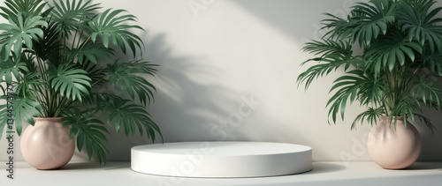 round white display platform with lush green plants in pink pots