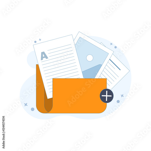 Attachment File Concept. folder with Documents. Storage, Folder, Document Storage, Data Archive. Documents in folder. Flat Design Illustration in the background.