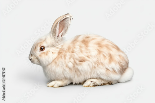 Realistic Lionhead rabbit with fluffy light brown and white fur resting on the ground on a soft light gray background