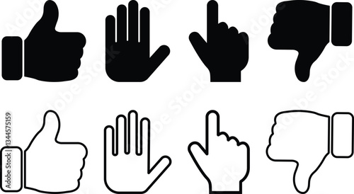 Hand gestures icon set in flat, line style. isolated on transparent background