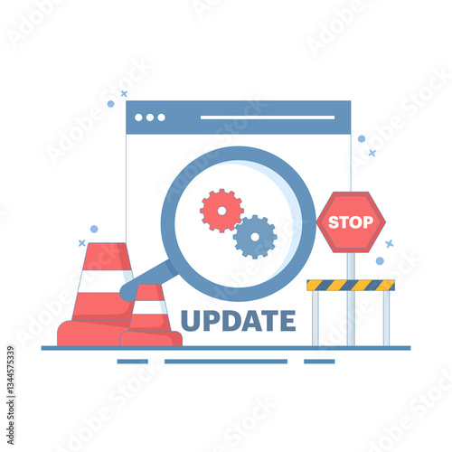 device with software update screen, System maintenance, payment process, software installation, operating system. Update process installation, program update, data network. Flat illustration.